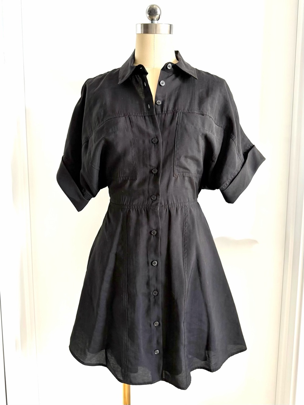 Zara NWT Classic Black Button-Front S/S Cinch-Waist Shirt Dress size XS